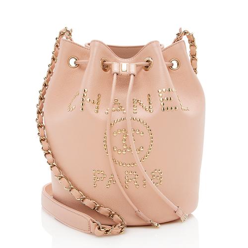 Chanel Grained Calfskin Studded Deauville Drawstring Medium Bucket Bag