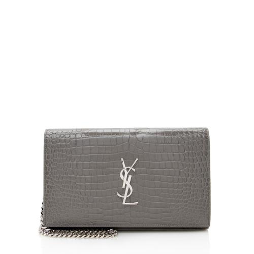 Saint Laurent Croc Embossed Leather Monogram Chain Wallet